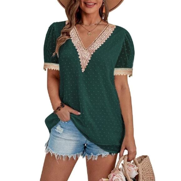 Zeagoo Teal Blouse with Beige Lace Detail - Picture 2 of 10